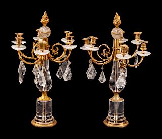 A Pair of Louis XVI Style Gilt-Bronze and Rock Crystal Six-Light Candelabra
