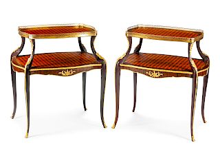 A Pair of Louis XV Style Gilt-Bronze-Mounted Parquetry Two-Tier Tea Tables