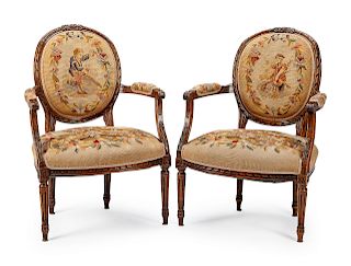 A Pair of Louis XVI Style Needlepoint-Upholstered Fauteuils
