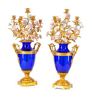 A Pair of Neoclassical Style Gilt-Bronze and Porcelain-Mounted Blue Glass Seven-Light Candelabra