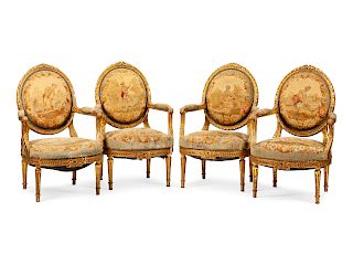 A Set of Four Louis XVI Style Aubusson Tapestry Upholstered Giltwood Fauteuils
