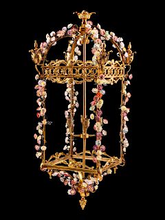 A Neoclassical Style Gilt-Bronze and Porcelain Chandelier
