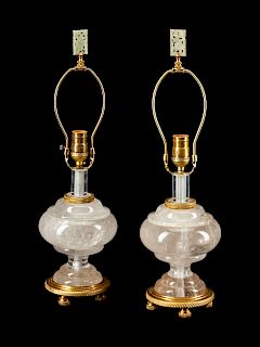 A Pair of Louis XVI Style Gilt-Bronze-Mounted Rock Crystal Lamps