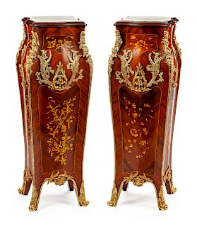 A Pair of Louis XV Style Gilt-Bronze-Mounted Parquetry Pedestals