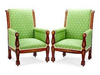 A Pair of Empire Style Bronze-Mounted Mahogany Armchairs