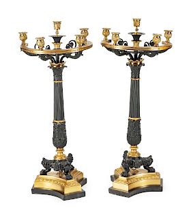 A Pair of Empire Style Parcel-Gilt and Patinated Bronze Five-Light Candelabra