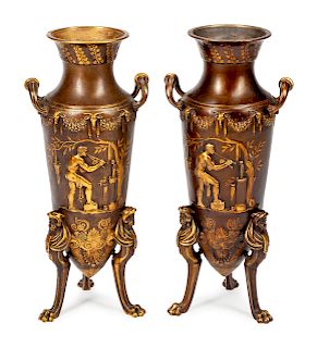 A Pair of French Parcel-Gilt and Patinated Bronze Amphora
