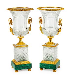 A Pair of Neoclassical Style Gilt-Bronze-Mounted Cut-Glass and Malachite Urns on Stands