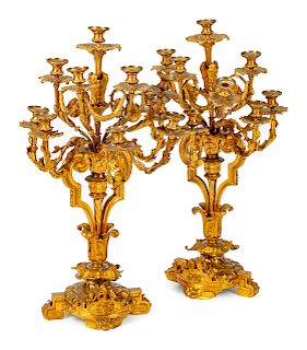 A Pair of Monumental French Gilt-Bronze Ten-Light Candelabra