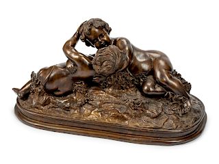 Continental Patinated Bronze Group of Two Cherubs