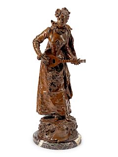 A French Patinated Bronze Figure of a Maiden Playing a Mandolin