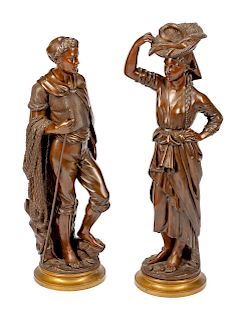 A Pair of French Patinated Bronze Figures of Farmers