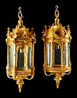 A Pair of Gothic Style Gilt-Bronze Lanterns