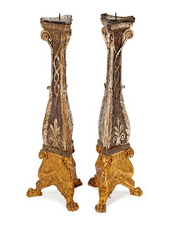 A Pair of Italian Parcel-Gilt and Silvered Wood Candlesticks