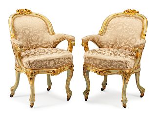 A Pair of Venetian Rococo Style Parcel-Gilt and Painted Armchairs