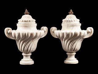 A Pair of Italian Bronze-Mounted Fluted Marble Urns