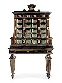 A German Renaissance Style Silvered Metal-Mounted and Marble-Inlaid Ebonized Cabinet on Stand