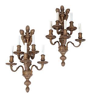 A Pair of Continental Silvered Bronze Five-Light Sconces