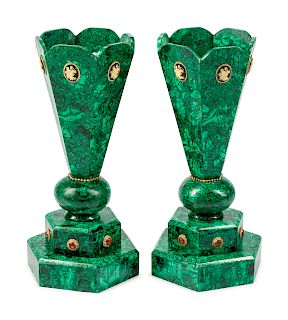 A Pair of 'Jeweled' Malachite Hexagonal Vases