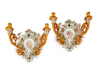 A Pair of Neoclassical Style Gilt-Bronze and German Porcelain Two-Light Sconces