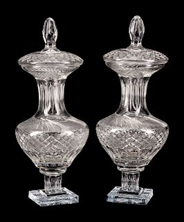 A Pair of Neoclassical Style Cut-Glass Urns and Covers