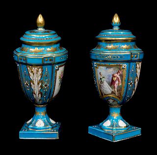 A Pair of 'Sevres' Porcelain Urns and Covers