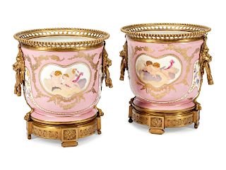 A Pair of Bronze-Mounted Sevres Style Porcelain Cache Pots