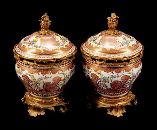 A Pair of Sevres Style Gilt-Bronze-Mounted Porcelain Potpourri Bowls and Covers