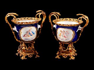 A Pair of Sevres Style Gilt-Bronze-Mounted Porcelain Cache Pots