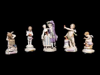 Four Meissen Porcelain Figures of Cupid and a German Porcelain Group of an 18th Century Couple