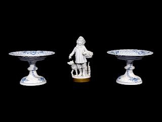 A Pair of Meissen Blue and White Porcelain Compotes and a Dresden White-Glazed Porcelain Figure of a Boy and Dog