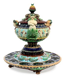 A German Majolica Punchbowl, Cover and Stand