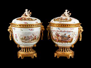 A Pair of Gilt-Bronze-Mounted German Porcelain Covered Urns on Stands
