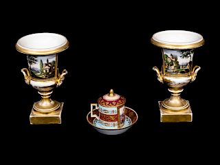A Vienna Porcelain Covered Cup and Saucer and a Pair of Paris Porcelain Small Urns
