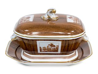 A Mottahedeh Faux Bois Porcelain Tureen, Cover and Stand