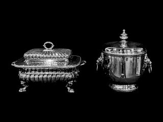 A Regency Style Silverplate Footed Vegetable Bowl and Cover and a Regency Style Silverplate Ice Bucket