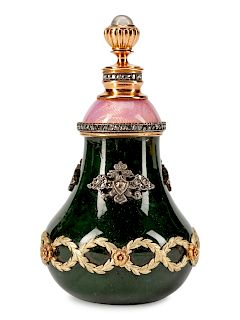 A Russian Spinach Jade, 14k Gold, Diamond and Enamel Perfume Bottle