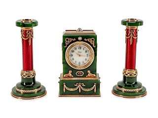 A Russian 14K Gold, Diamond, Ruby, Spinach Jade and Enamel Three-Piece Clock Set