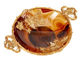 An 18k Gold and Pearl-Mounted Agate Bowl