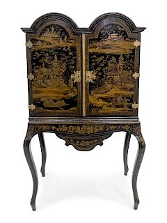 A Queen Anne Style Black-Japanned Cabinet on Stand