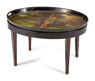 An English Painted Tole Oval Tray on Later Stand