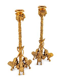 A Pair of English Gilt-Bronze Lion -Form Candlesticks
