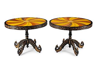A Pair of Anglo-Indian Style Inlaid and Part-Ebonized Pedestal Tables