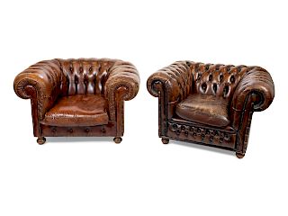 A Pair of Nail-Studded Tufted Brown Leather Club Chairs