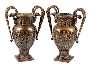 A Pair of Neo-Egyptian Style Patinated Bronze Urns