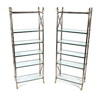 Pair of Silvered Metal and Glass Shelves