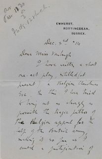 NOYES, Alfred (1880-1956), poet and playwright. Autograph letter signed ("Alfred Noyes"), to Miss [Irene] Vanbrugh. Ewhurst, Rottingdean, Sussex, 3 De