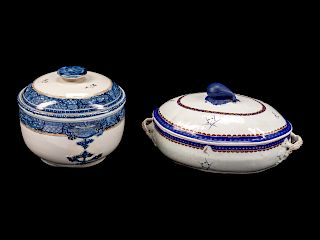 Two Chinese Export Blue and White Porcelain Tureens and Covers
