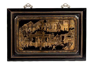 A Chinese Export Gilt-Decorated Black Lacquer Panel