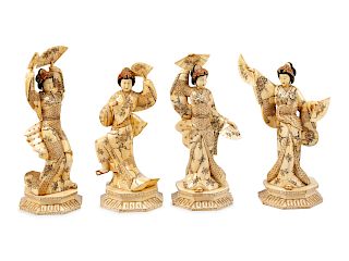 A Set of Four Japanese Carved Bone Figures of Geishas